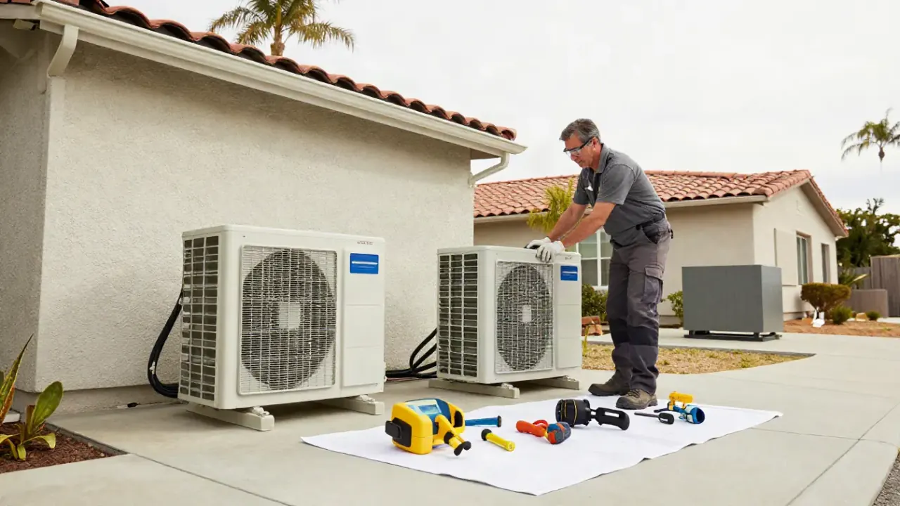 Mini Split Repair in Buena Park, California: wide shot of an HVAC technician setting up their work area around an outdoor