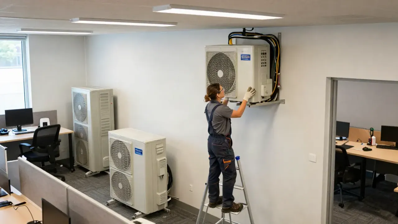 Mini Split Repair in Buena Park, California: HVAC technician on a step ladder working on a high-mounted indoor mini split