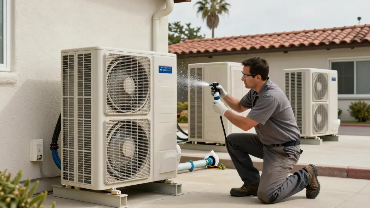 Mini Split Refrigerant Leak Repair & Recharge in Buena Park, California: HVAC technician is applying a leak detection spray