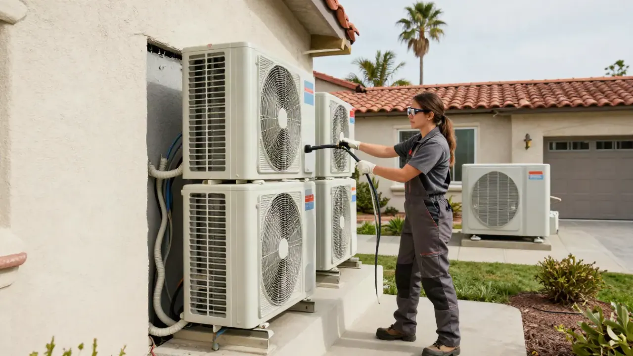 Mini Split Installation in Buena Park, California: HVAC technician is feeding refrigerant lines and electrical conduit