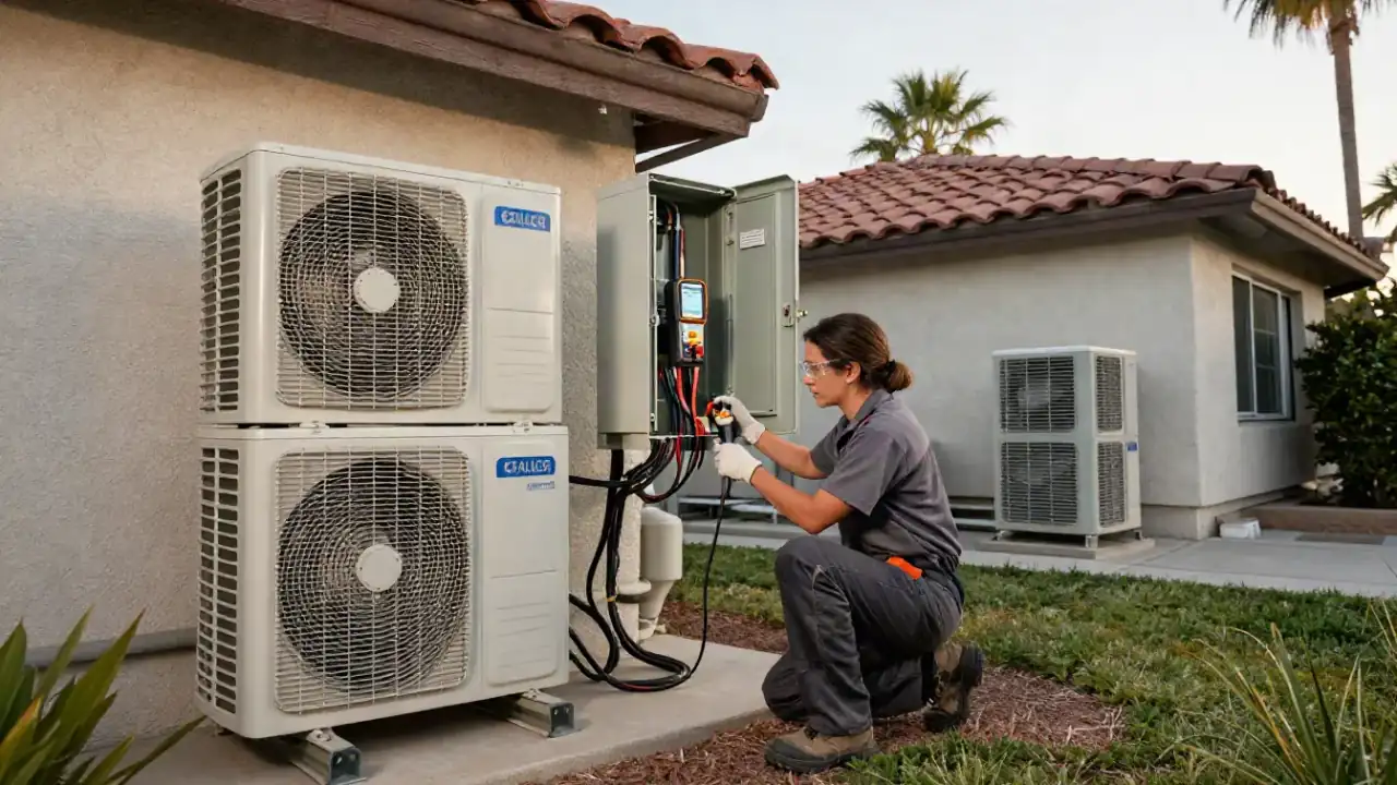 Mini Split Not Heating Repair in Buena Park, California: HVAC technician is using a clamp meter to measure current on