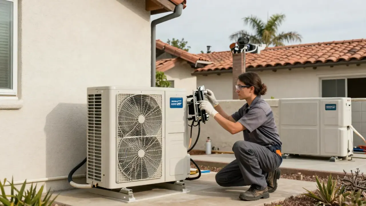 Mini Split Repair in Buena Park, California: HVAC technician and a junior technician working together on an outdoor mini